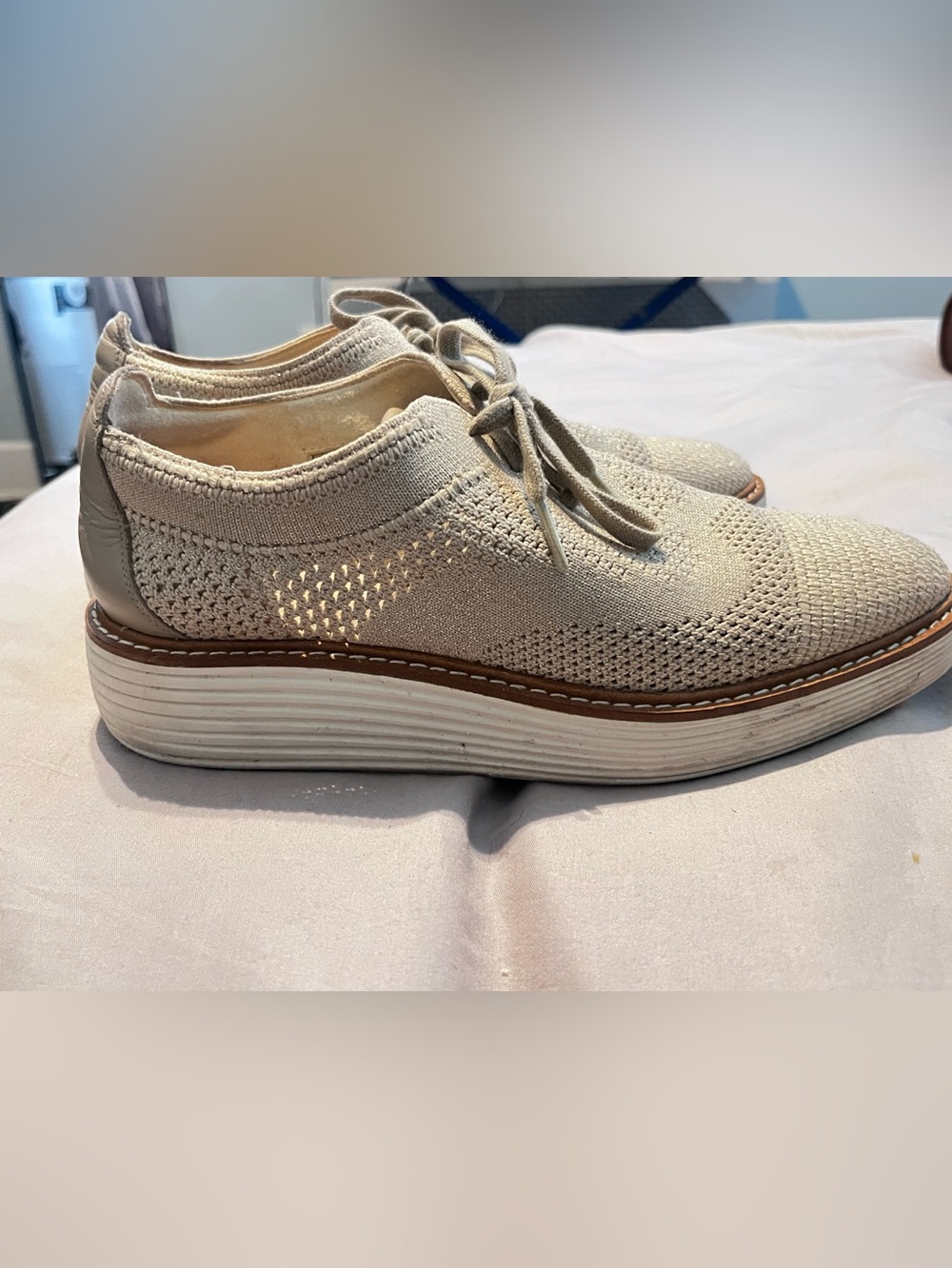 Cole Haan Women's Light Beige with Knit Lace-Up Oxford with slight wedge heel.